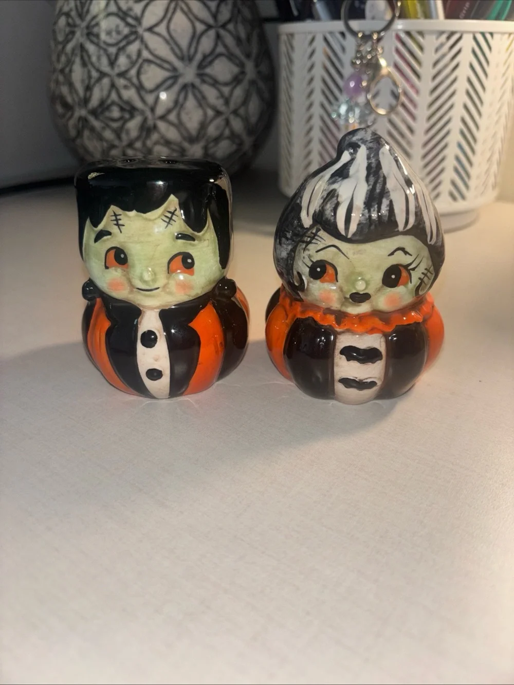 New JOHANNA PARKER Bride & Frankenstein Monster Halloween Salt Pepper Shaker Set